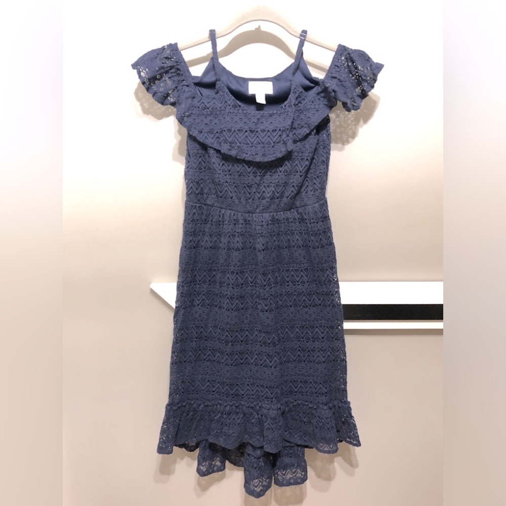 Girl’s Children’s Place navy blue lace off the shoulder party dress, size 10/12